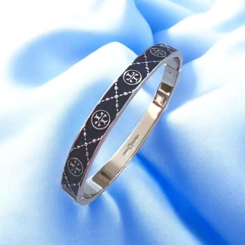 TORY BURCH T MONOGRAM HINGE SILVER AND BLUE ENAMEL BRACELET